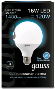 105102216 Лампа Gauss G95 16W 1540lm 4100K E27 LED 1/20