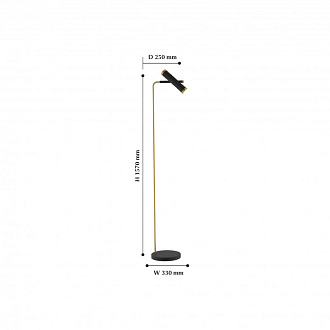 Торшер Favourite Duplex 2324-2F, D250*W330*H1570, металл черного матового цвета, элементы окрашены в золотой цвет, плафон поворотный, модуль LED с двух сторон плафона, акриловый рассеиватель