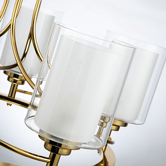 Подвесная люстра Favourite Plexus 2963-5P, D690*H500/1500, каркас золотого цвета, внутренние плафоны из белого стекла, внешние плафоны из прозрачного стекла
