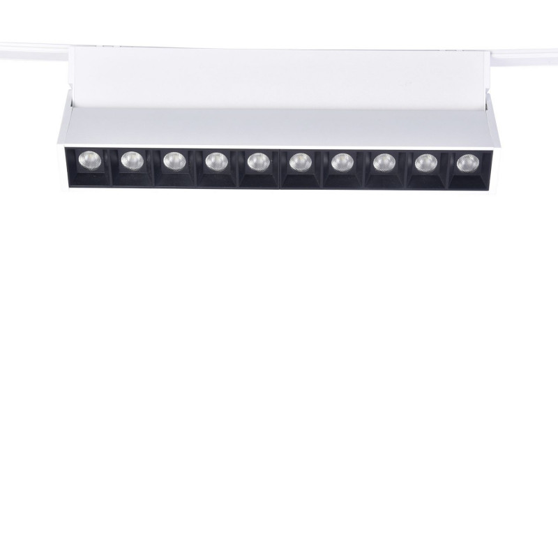 Потолочный светильник Favourite Unika 4142-2U, L270*W35*H105, магнитный светильник на шинопровод белого цвета с линией утопленных линз и поворотным механизмом, который позволяет менять направление светового поток