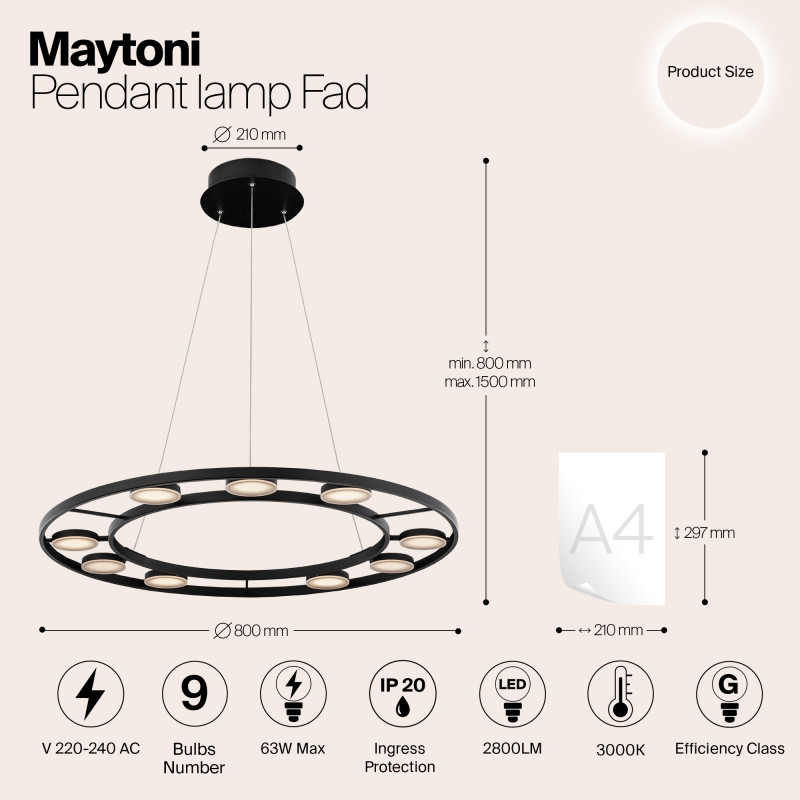 Светильник 80 см, 63W, 3000K Maytoni Fad MOD070PL-L63B3K, черный