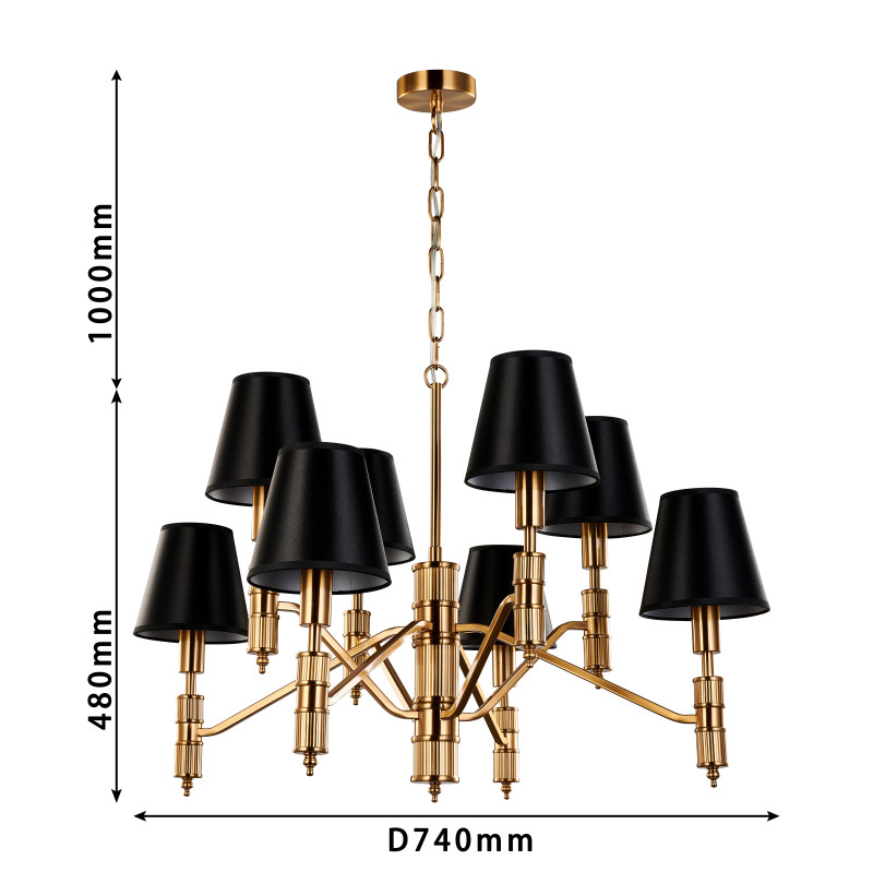 Подвесная люстра Favourite Flagship 2933-8P, D740*H480/1570, античной латуни, плафоны из черной атласной ткани