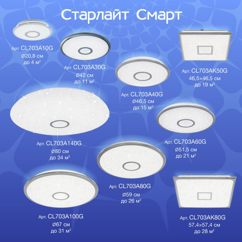 Светильник 52 см, 65W, 3000-5500K  с Алисой Citilux Старлайт Смарт CL703A60G, белый с эффектом звездного неба