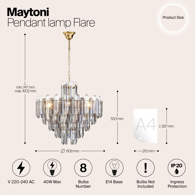 Подвесной светильник Maytoni Diamant Crystal Flare DIA200PL-08G, диаметр 61 см, золото