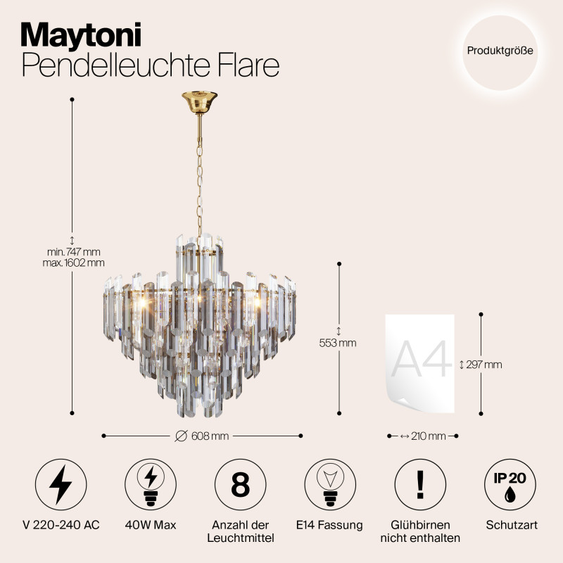 Подвесной светильник Maytoni Diamant Crystal Flare DIA200PL-08G, диаметр 61 см, золото