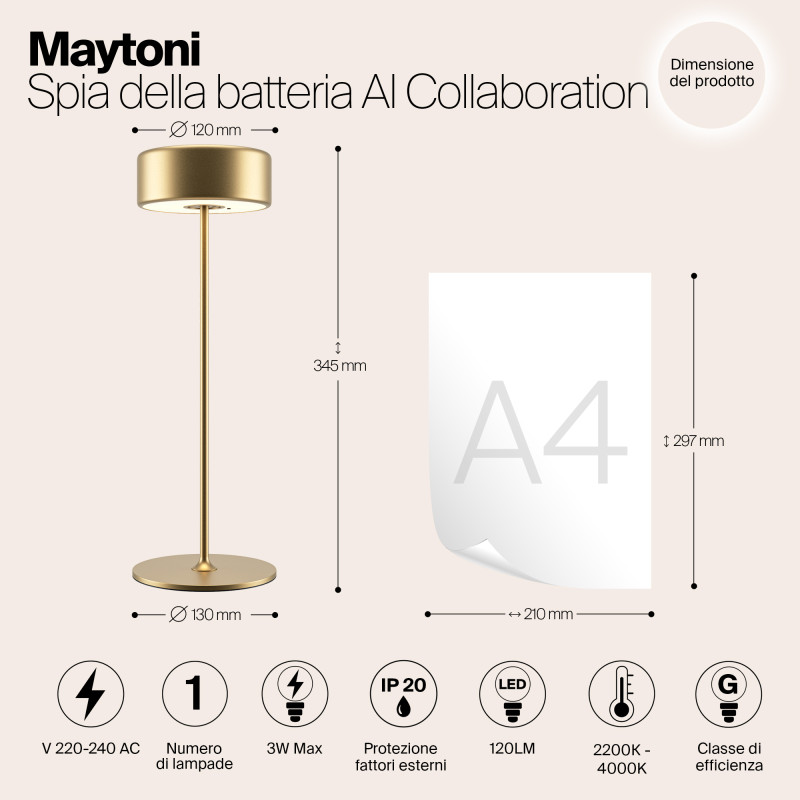 Настольная лампа 12*34,5 см, LED, 3W, 4000К, Maytoni AI Collaboration MOD229TL-L3G3K2 золотой