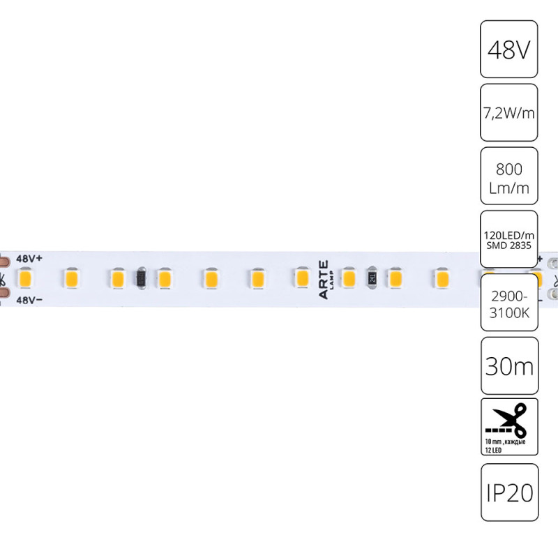 Светодиодная лента 48V 9,6W/m 24000lm, 3000К, IP20, Arte Lamp TAPE A4812010-03-3K, цена за катушку 30 метров