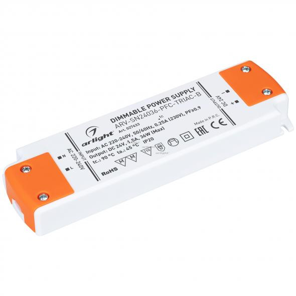 Блок питания ARV-SN24036-PFC-TRIAC-B (24V, 1.5A, 36W) (Arlight, IP20 Пластик, 3 года) 027633