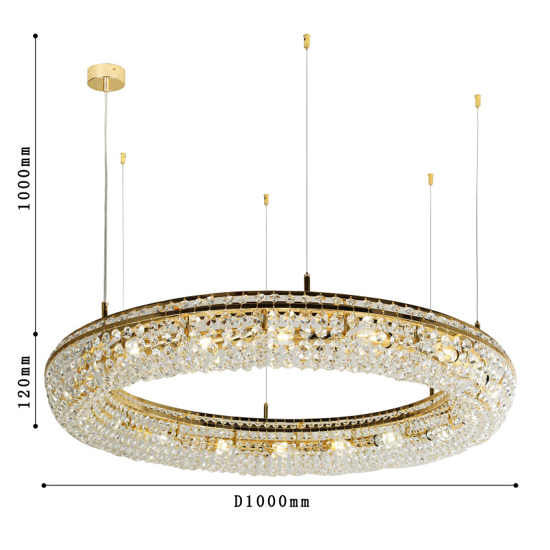 Подвесная люстра Favourite Monilibus 4015-15P, D1000*H120/1120, светлого золота, плафон в виде объемного обруча состоит из прозрачных хрустальных восьмигранников