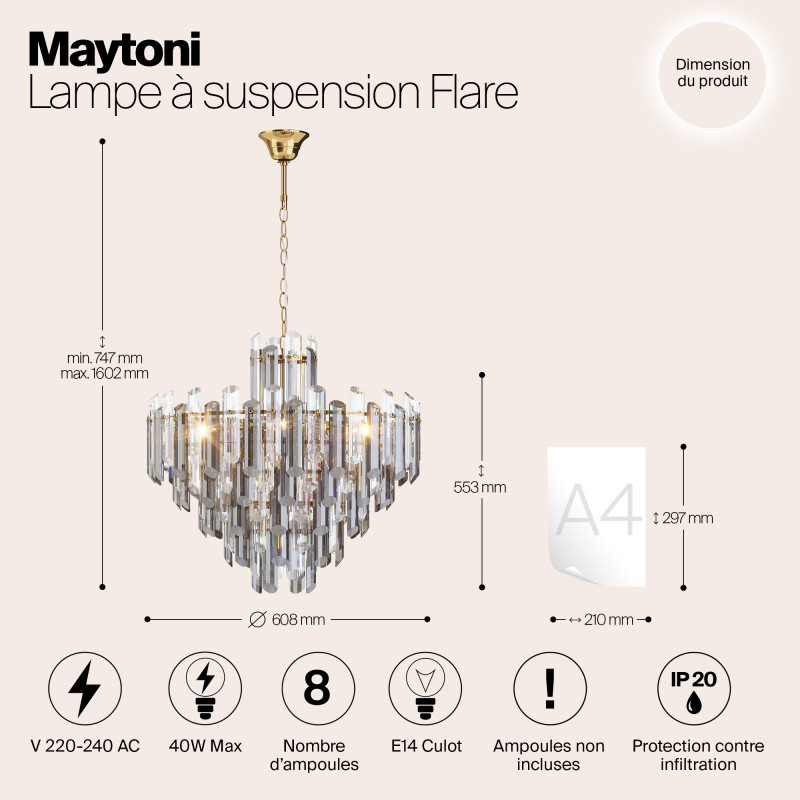 Подвесной светильник Maytoni Diamant Crystal Flare DIA200PL-08G, диаметр 61 см, золото